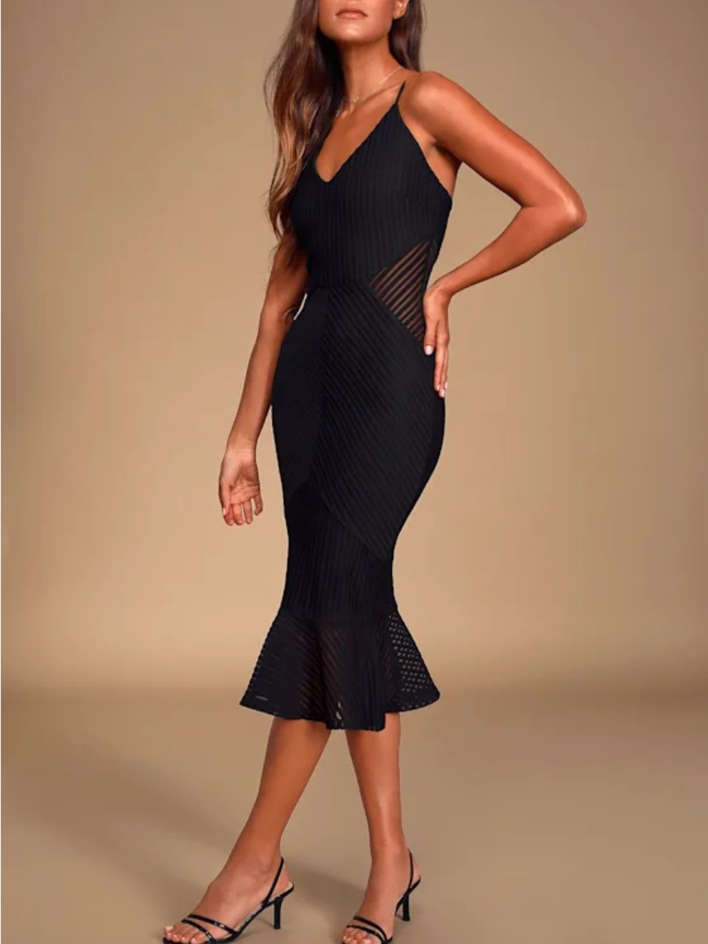 Lulu's Black Strappy V-Neck Midi Dress with Sheer Paneling